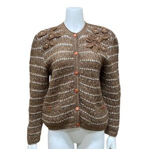 Vintage Knit Cardigan Sweater 3D Flowers Pearls Metallic Shoulder Pads